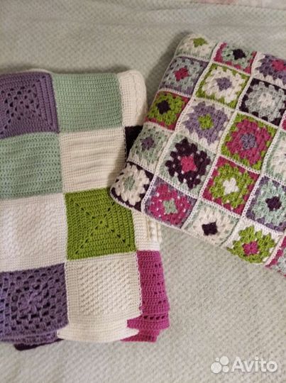 Плед и подушка вязанные, ручная работа