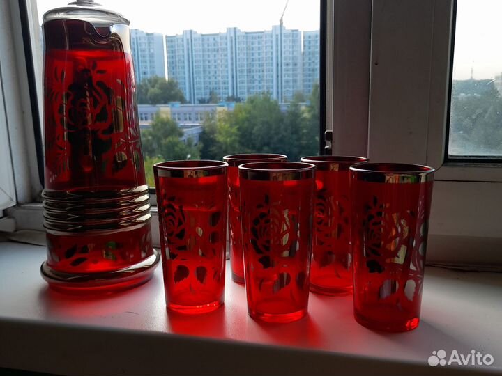Кувшин и стаканы цветное стекло СССР
