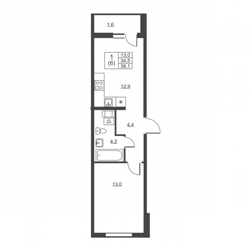 1-к. квартира, 36,1 м², 6/8 эт.
