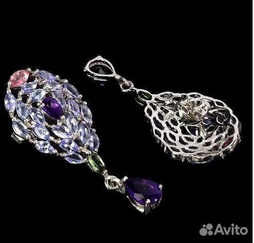 Серебряные серьги аметист, танзанит,турмалин