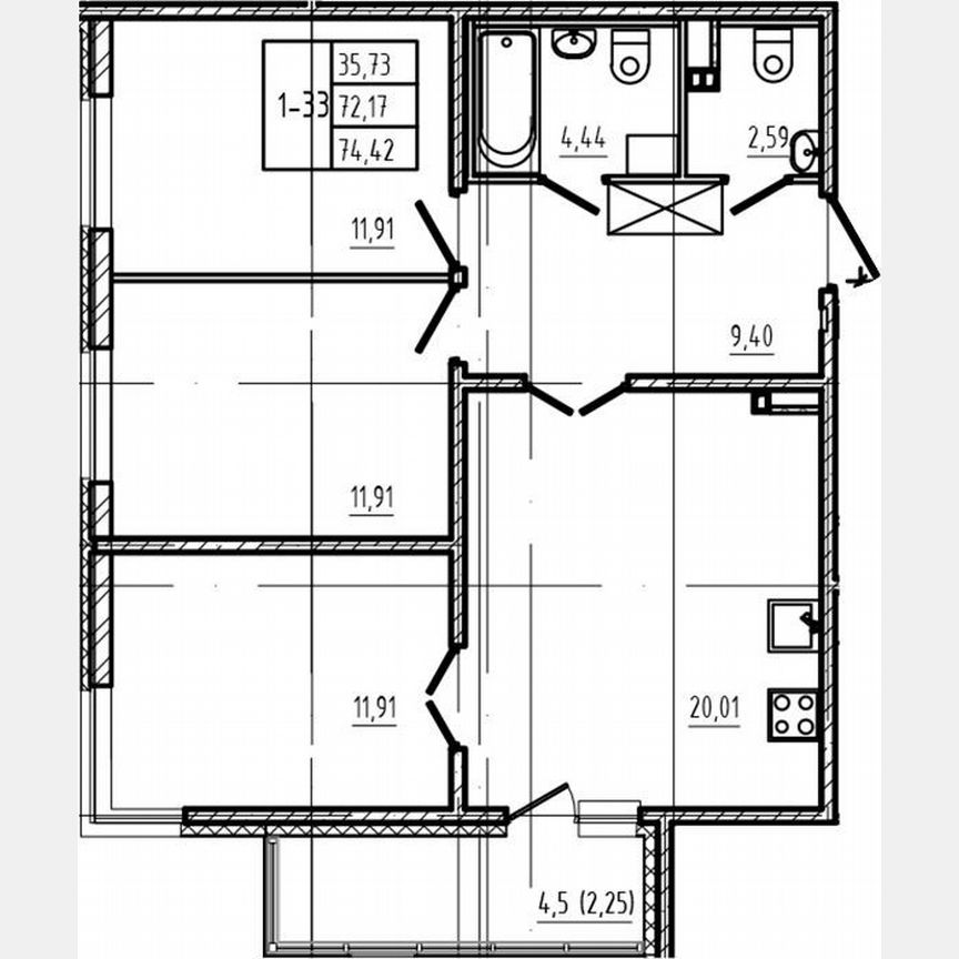 3-к. квартира, 72,2 м², 2/4 эт.