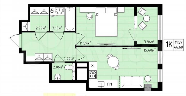 1-к. квартира, 46,7 м², 5/16 эт.