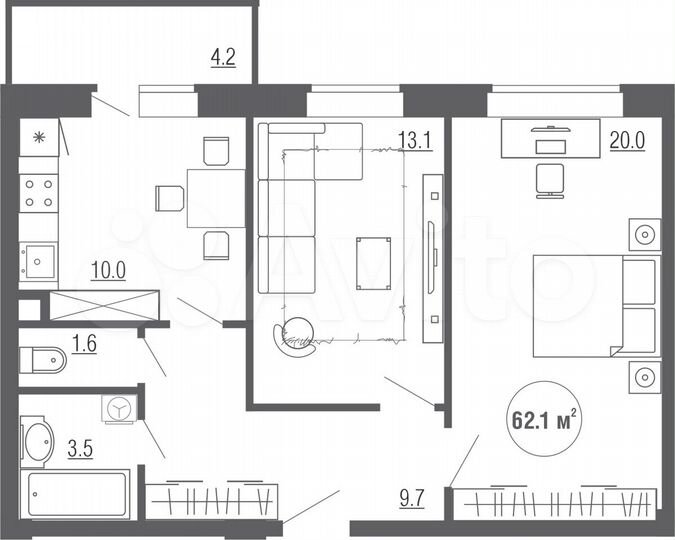 2-к. квартира, 62,1 м², 16/21 эт.
