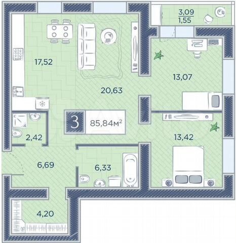 3-к. квартира, 85,8 м², 9/18 эт.