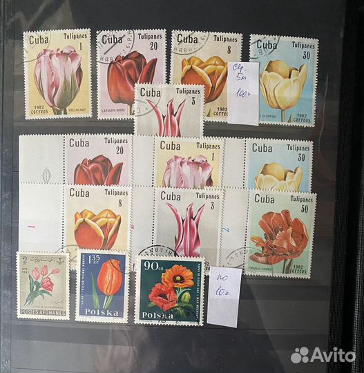 Почтовые марки по темам Розы, Орхидеи, Тюльпаны, П