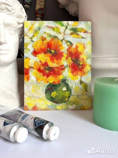 Картина маслом с цветами в вазе маки букет