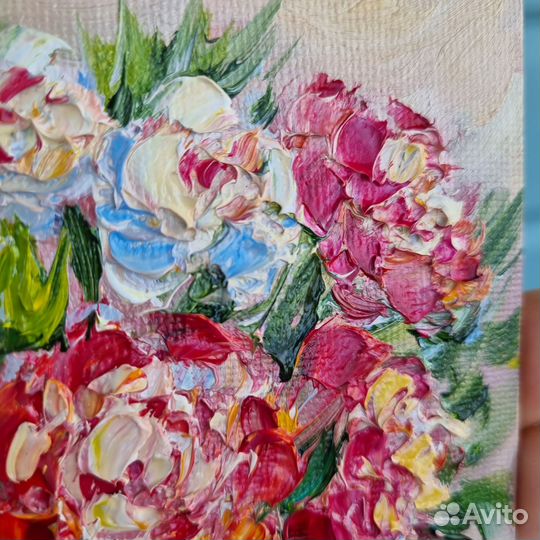 Пионы картина маслом натюрморт с цветами 10х15