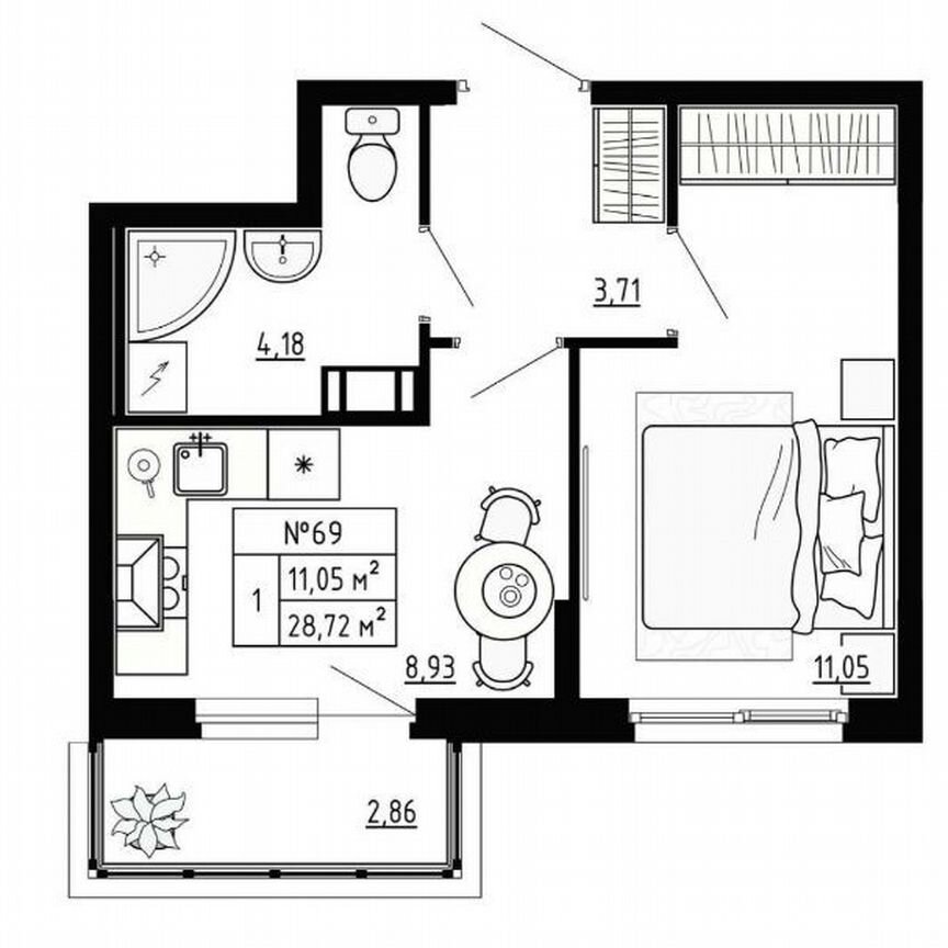 1-к. квартира, 28,7 м², 2/4 эт.