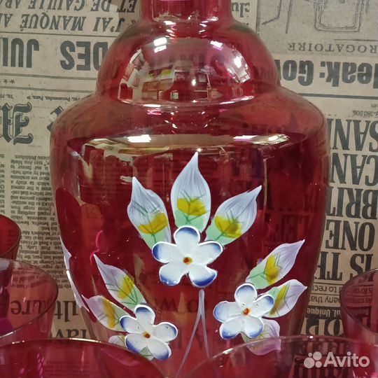 Графин с фужерами из розового Богемского стекла