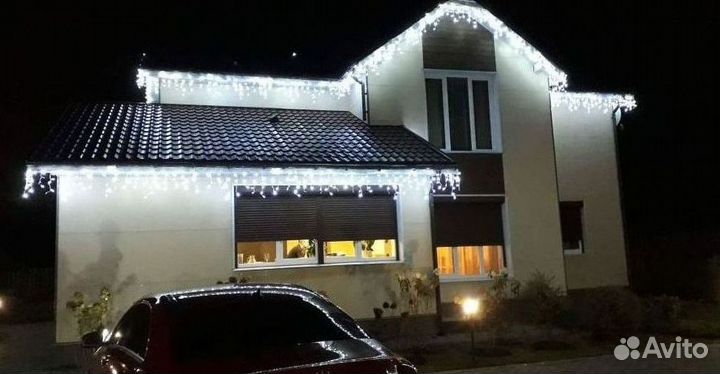 Украшение домов гирляндами, подсветка дома лентой