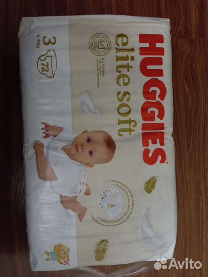 Памперсы подгузники huggies elite soft 3 72шт