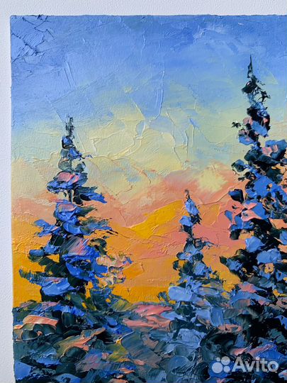 Картина масло зимний пейзаж елки рассвет Новцй год