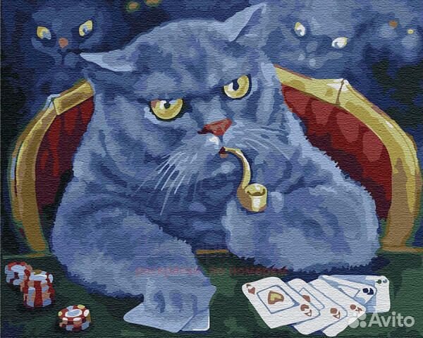 Картина по номерам 40x50 Синий кот играет в карты