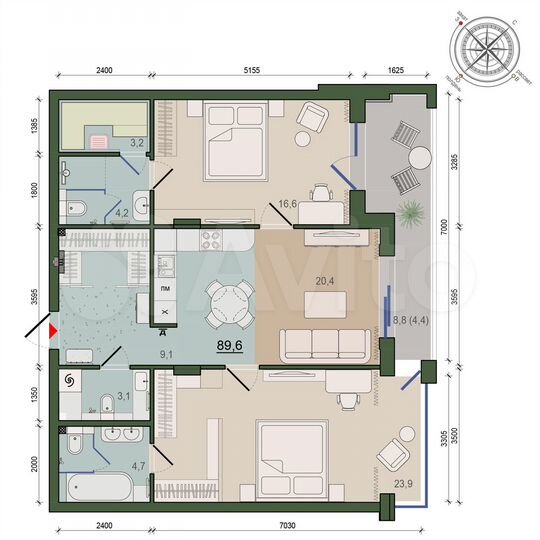 2-к. квартира, 89,6 м², 7/10 эт.