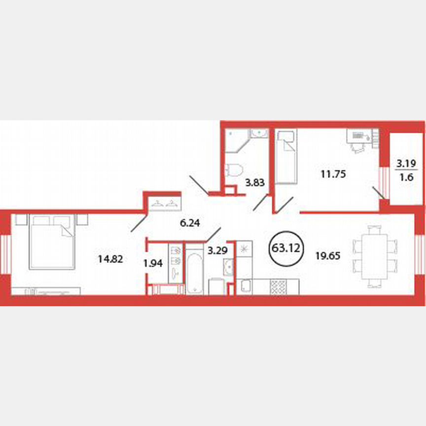2-к. квартира, 63,1 м², 11/12 эт.