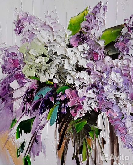 Картина холст 38*48 масло сирень букет в вазе