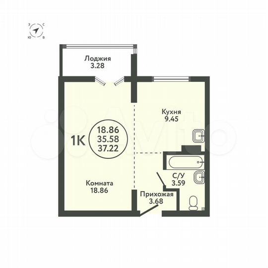 1-к. квартира, 37,2 м², 9/9 эт.
