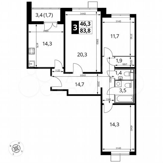 3-к. квартира, 83,8 м², 21/25 эт.