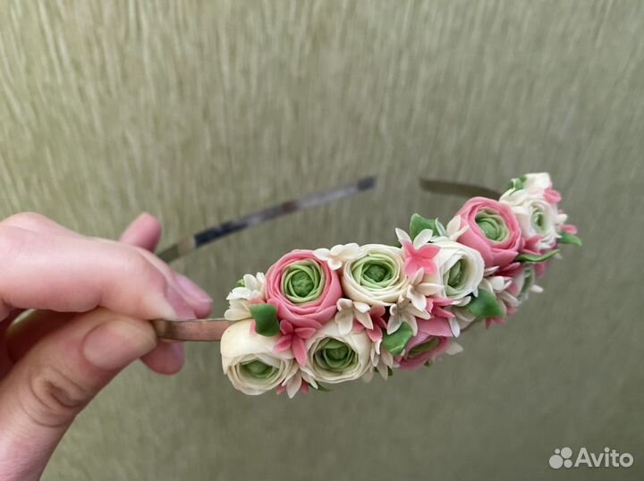 Ободок для волос с цветами полимерная глина