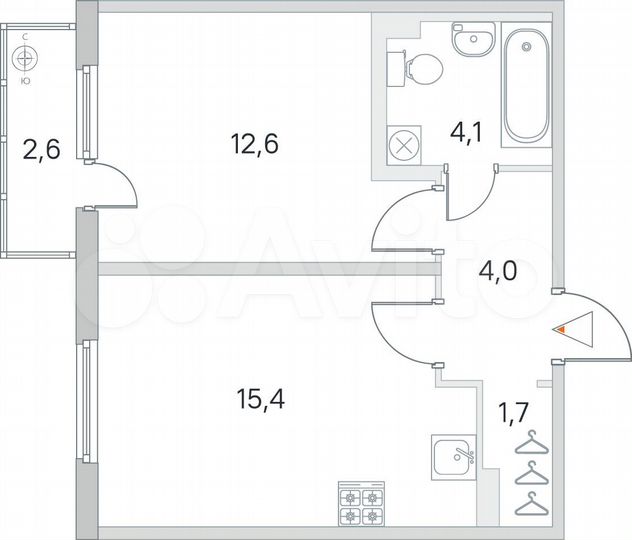 1-к. квартира, 38,1 м², 1/4 эт.