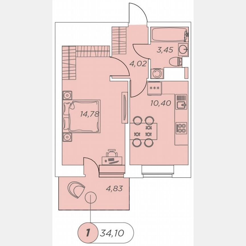 1-к. квартира, 34,1 м², 12/12 эт.