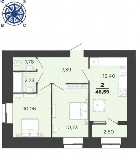 2-к. квартира, 48,6 м², 1/16 эт.
