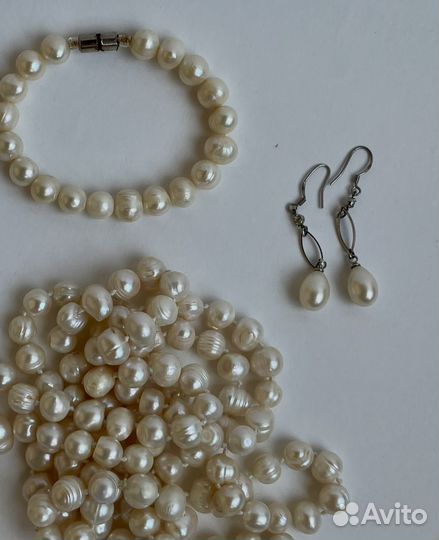 Бусы браслет и серьги из натурального жемчуга