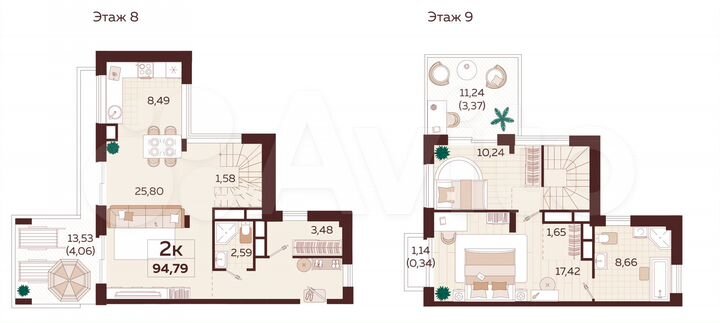 2-к. квартира, 94,8 м², 8/9 эт.