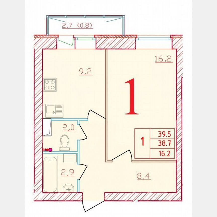 1-к. квартира, 39,5 м², 3/9 эт.