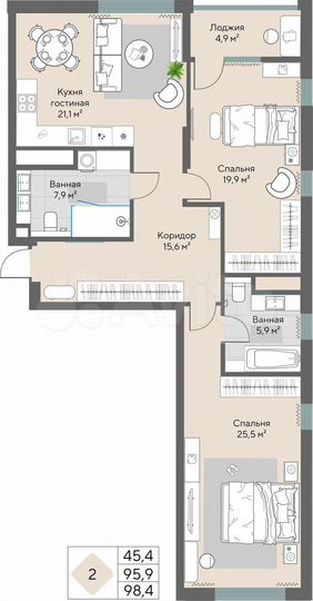 2-к. квартира, 98,4 м², 15/24 эт.