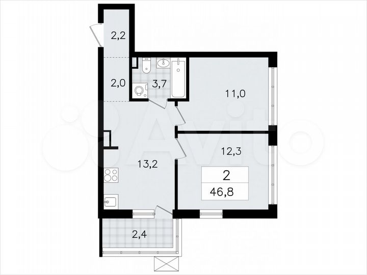 2-к. квартира, 46,8 м², 9/12 эт.