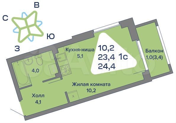 Квартира-студия, 24,4 м², 2/4 эт.