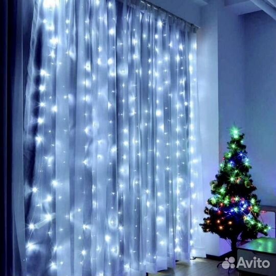 Гирлянда шторы / шторка белые, желтые, синие, цвет