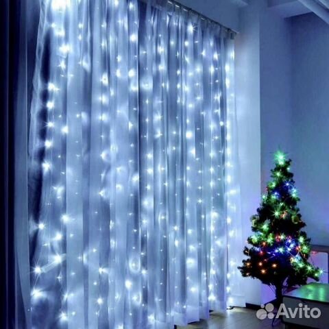 Гирлянда шторы / шторка белые, желтые, синие, цвет