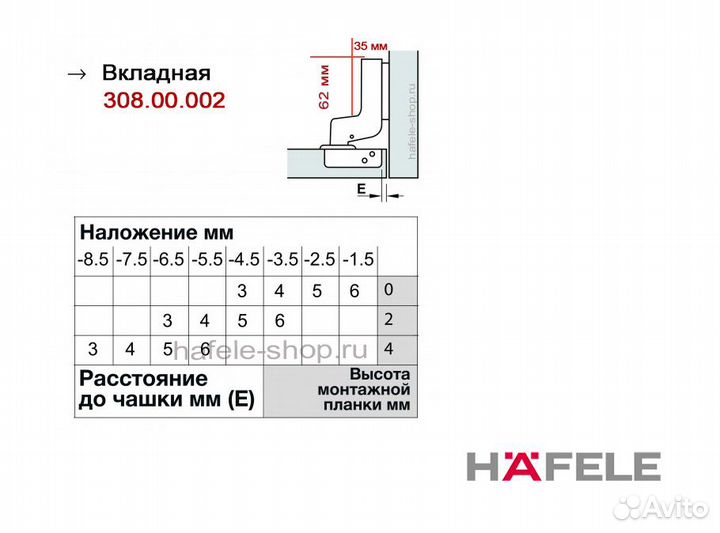 Петля мебельная Häfele (доводчик + монтаж. планка)