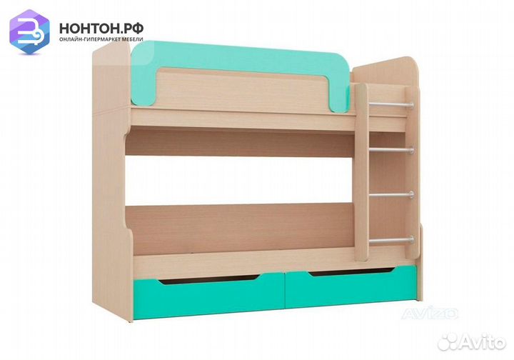 Двухъярусная кровать Юниор-1 бирюза / дуб беленый