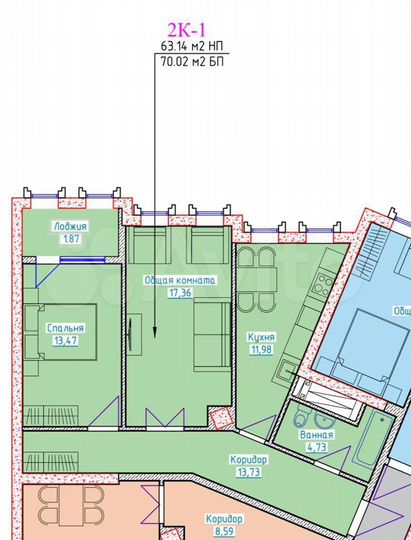 2-к. квартира, 70 м², 4/17 эт.