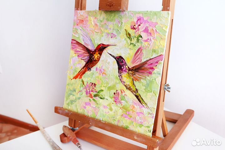 Картина маслом ручной работы птицы колибри и цветы