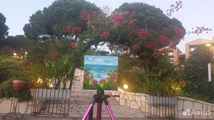 Картина на холсте акрил 20/20см пейзаж море цветы