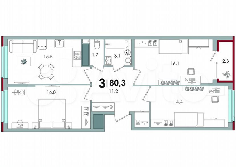 4-к. квартира, 80,3 м², 14/16 эт.