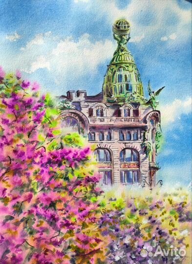 Картина акварелью. Дом Зингера. Сирень