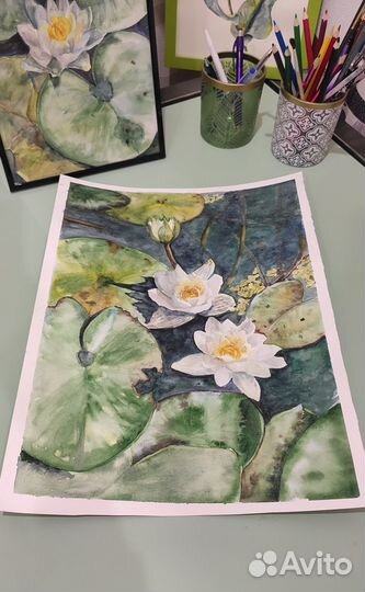 Картина водяная лилия кувшинка акварель Самарская