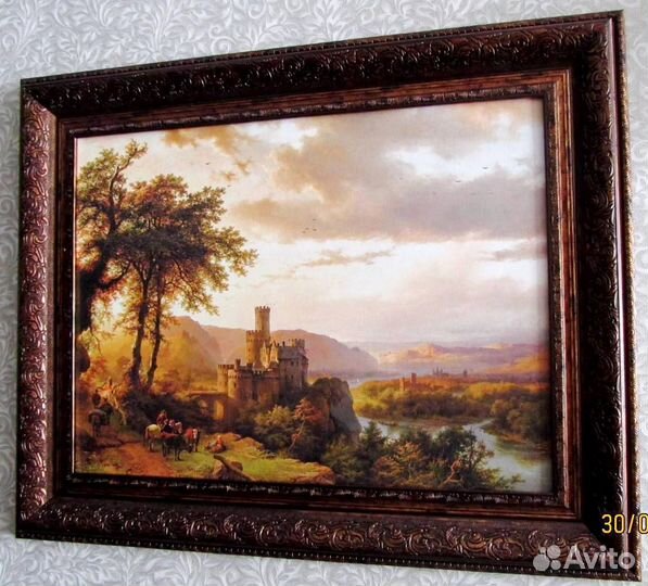 Картина 19 в. на холсте -Холмистый пейзаж с замком