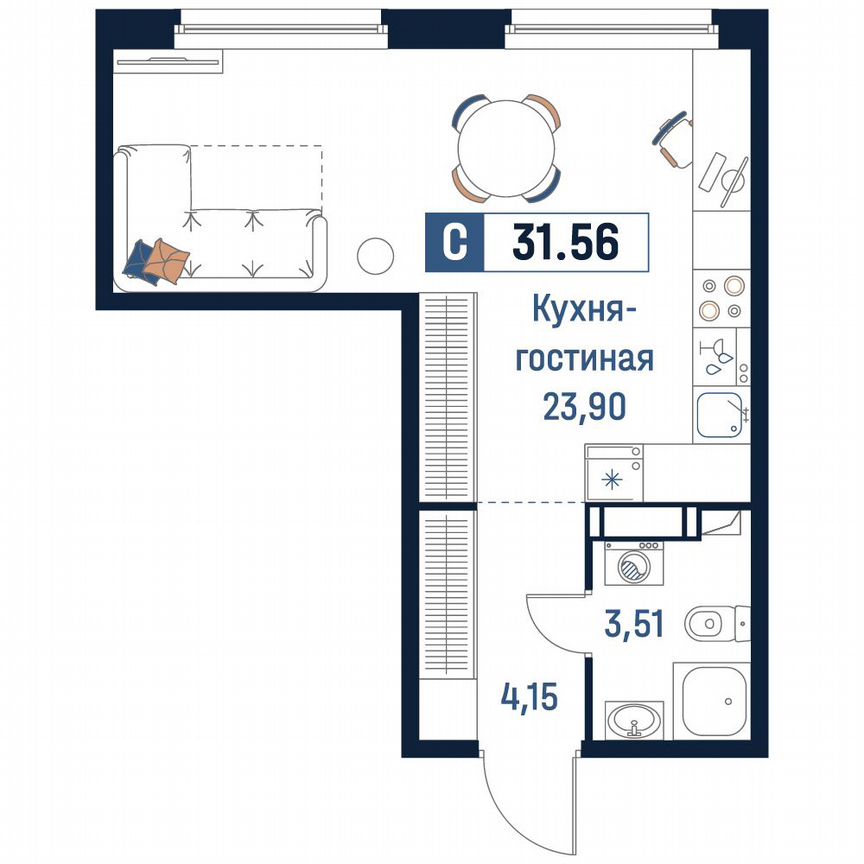 Квартира-студия, 31,6 м², 17/18 эт.