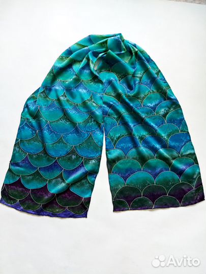 Шелковый шарф с ручной росписью батик бирюзовый
