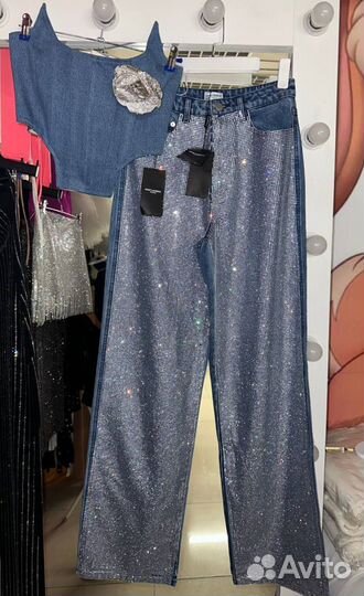 Костюм Saint Laurent со стразами джинсы и корсет