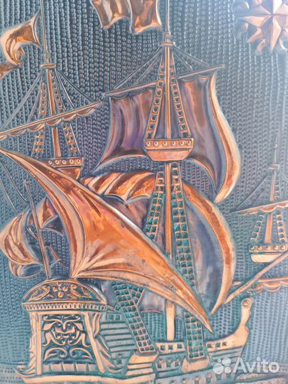 Картина медная чеканка, парусник СССР