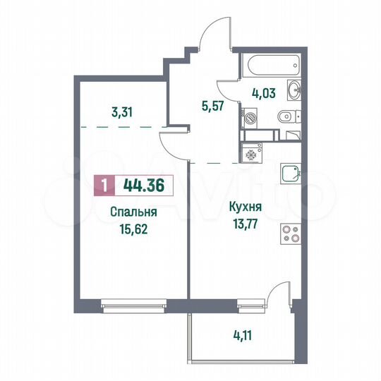 1-к. квартира, 44,4 м², 13/16 эт.
