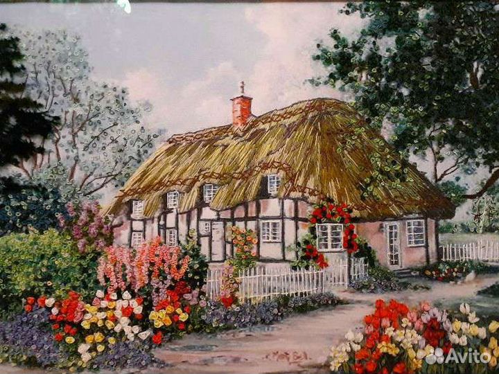 Картина вышитая лентами, гладью, ручная работа