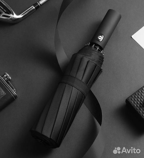 Зонт мужской. 12 спиц, полуавтомат. Черный